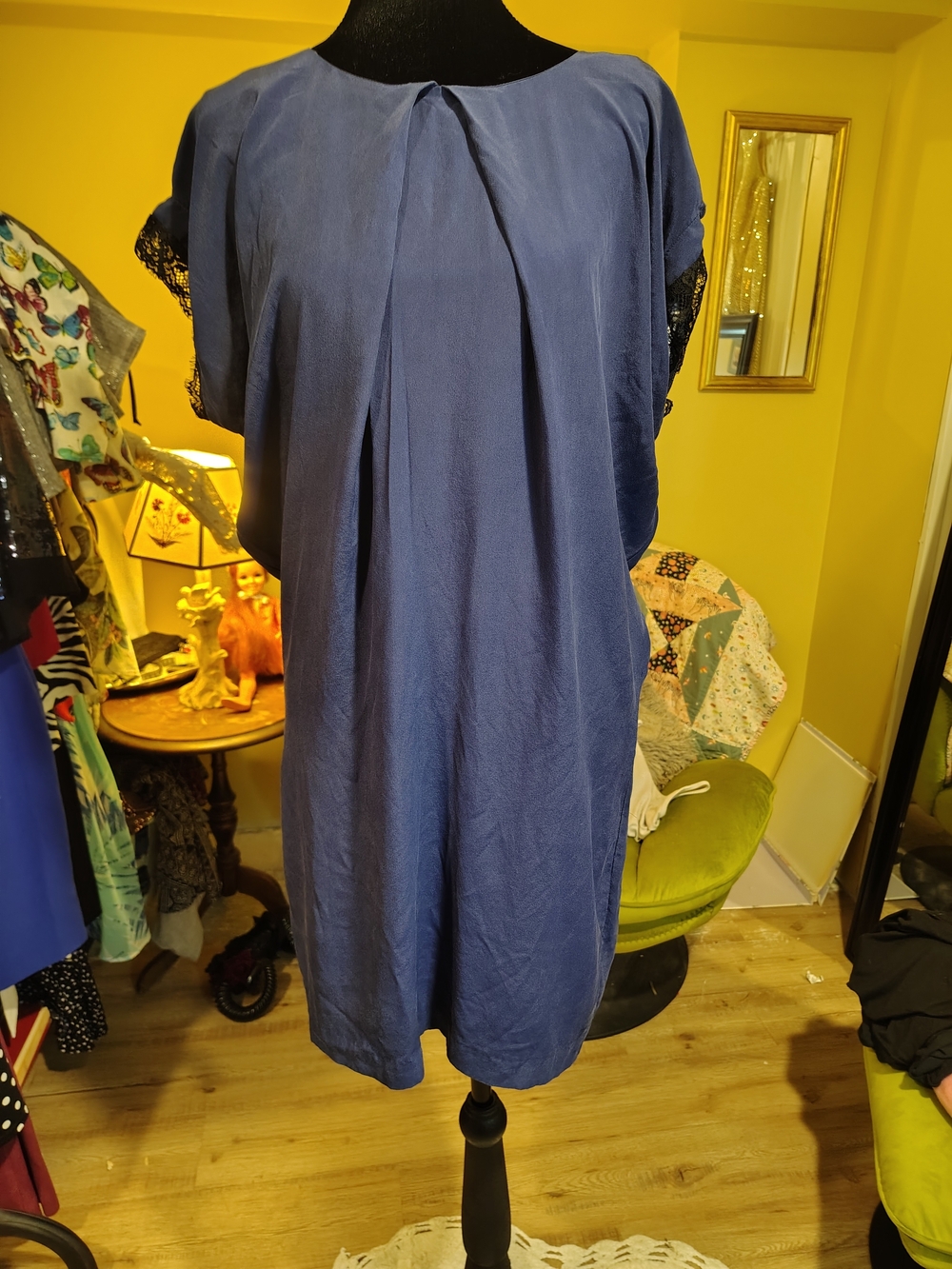 100% Silk Juicy Couture Slate Blue Shift Dress with Lace Trim